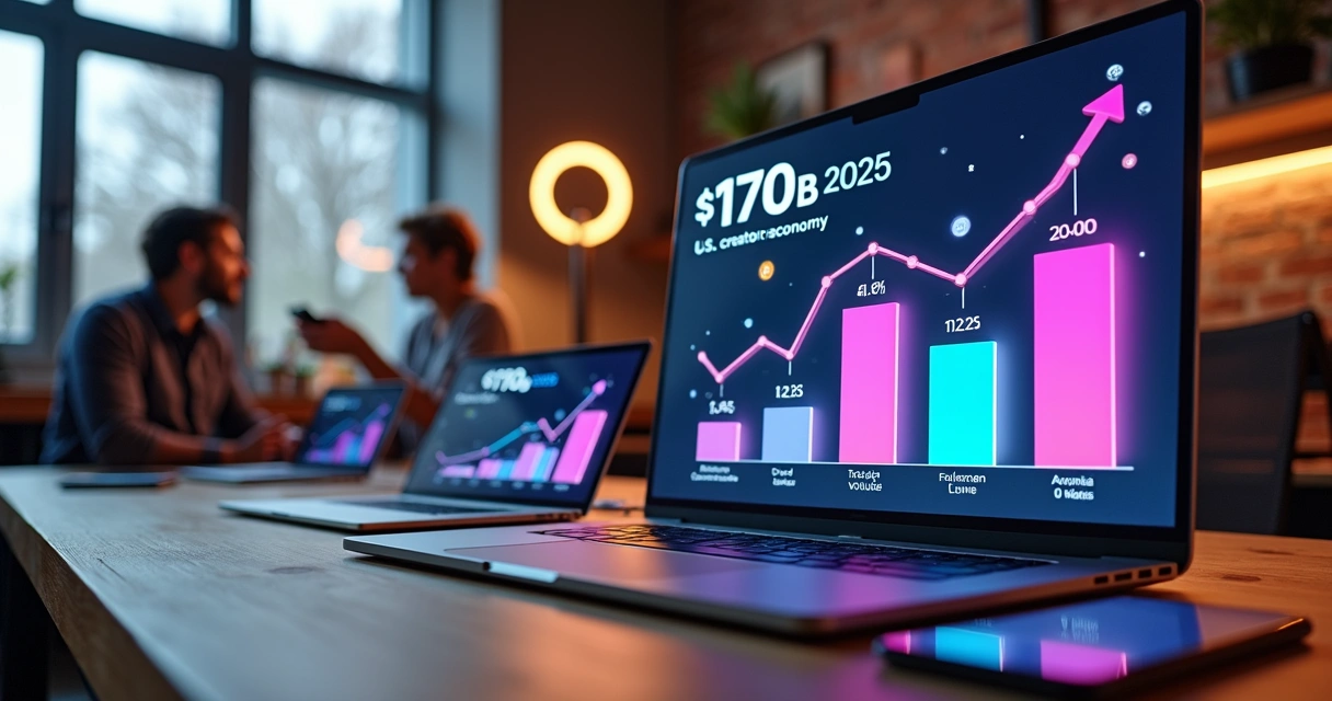 Criadores de conteúdo em diferentes telas com gráficos de investimento em alta